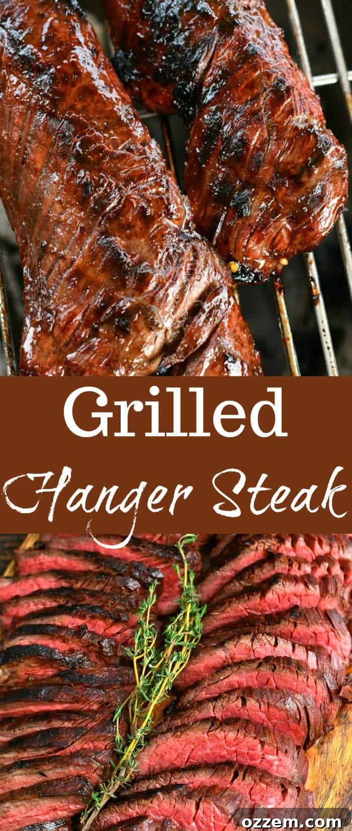 Fire Kissed Hanger Steak 10 A collage featuring two images of grilled steak and sliced steak with 'Grilled Hanger Steak' text