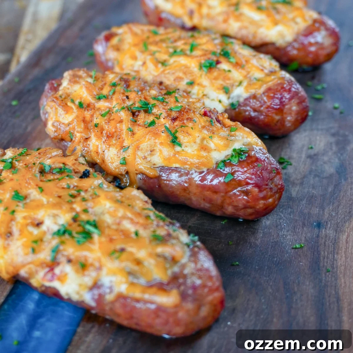 Four perfectly grilled sausage popper boats resting on a rustic wooden cutting board, ready to be served.