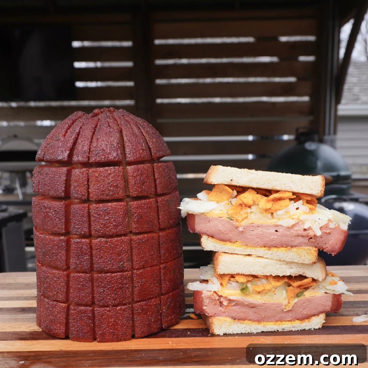 Hearty Smoked Bologna Classic 2 A delicious smoked bologna sandwich overflowing with thick slices of bologna, melted cheese, and creamy coleslaw on toasted bread.