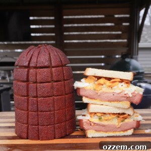 Hearty Smoked Bologna Classic 6 A perfectly assembled smoked bologna sandwich, showcasing thick slices of bologna, cheese, and coleslaw.