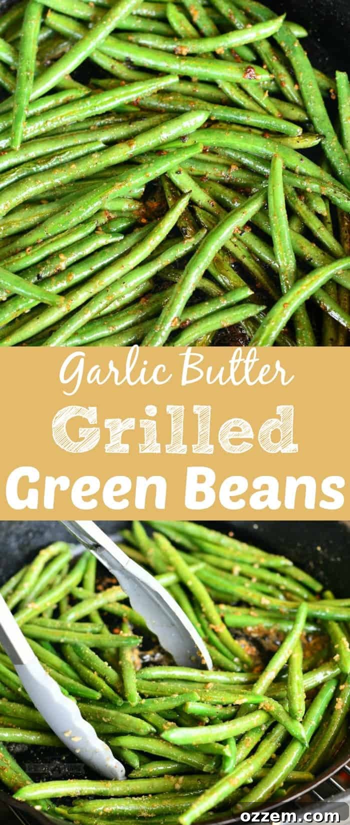 collage of two images of green beans cooking in the skillet with a title