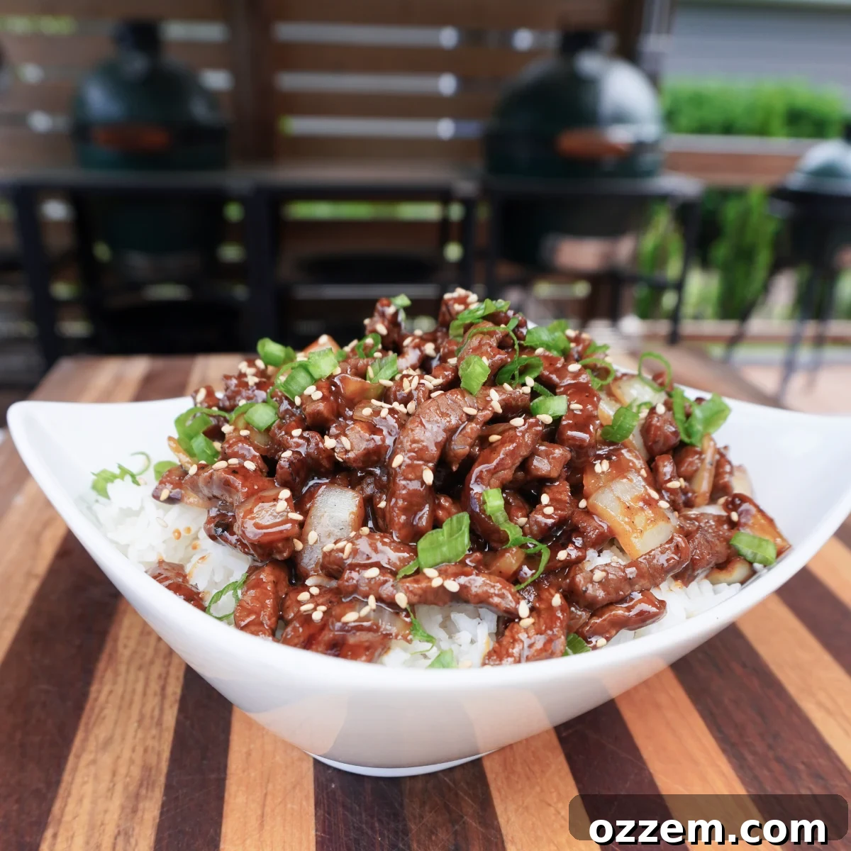 Grilled Spicy Teriyaki Beef served over rice with green onions