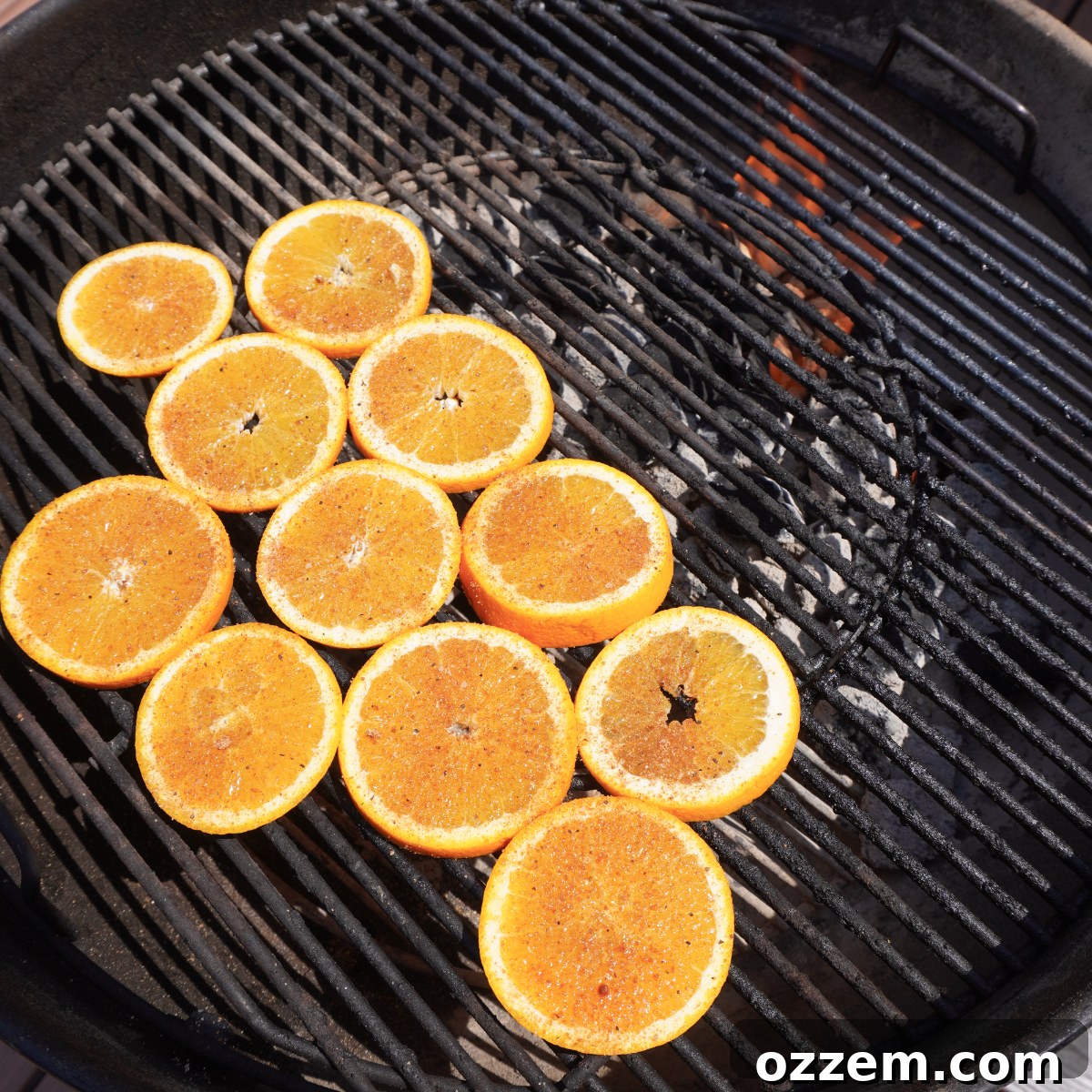 Salmon filet seasoned with rub, resting on a bed of sliced oranges