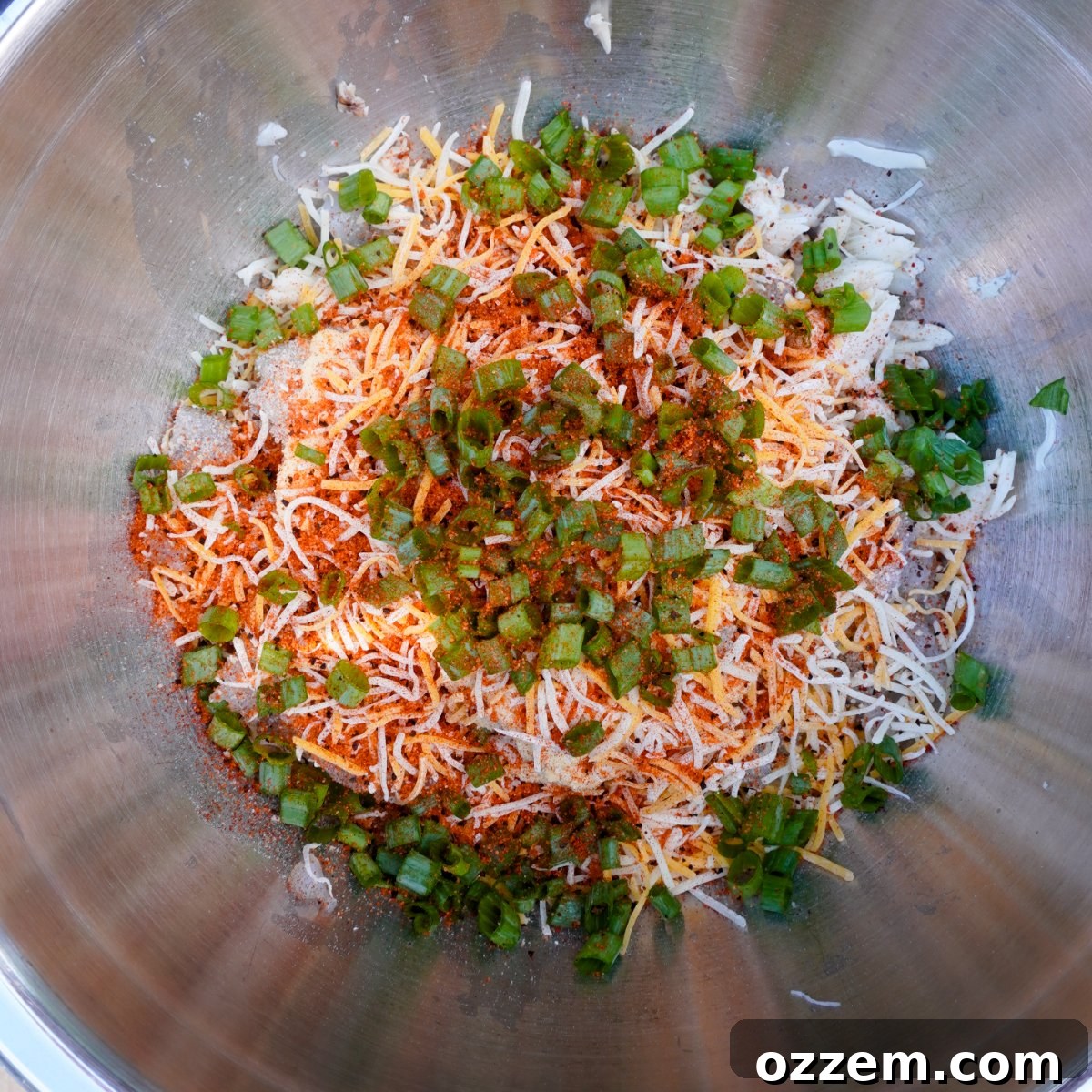 Gourmet Smoked Shrimp and Crab Toast 4 Smoked shrimp and crab toast filling ingredients mixed in a bowl.