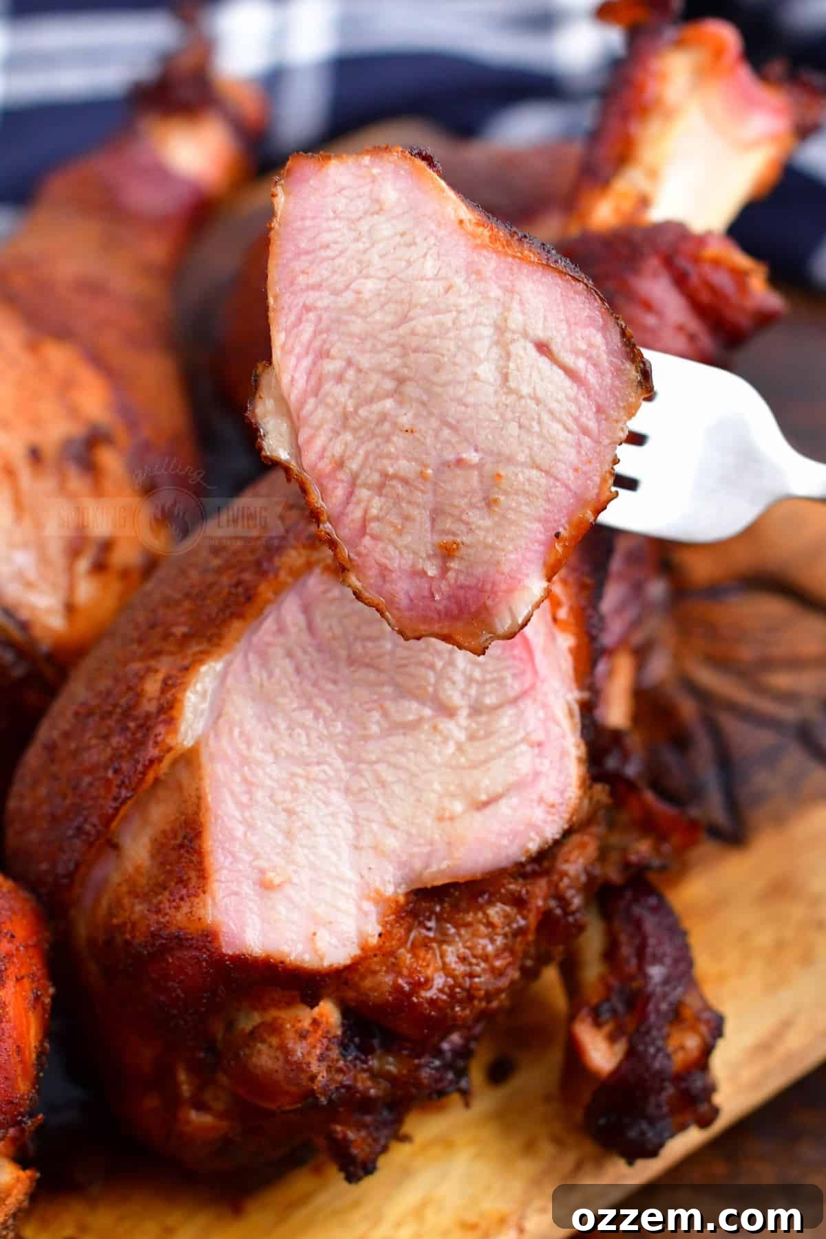 sliced piece of turkey leg on a fork