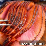 top view of glazed smoked ham with layers coming apart