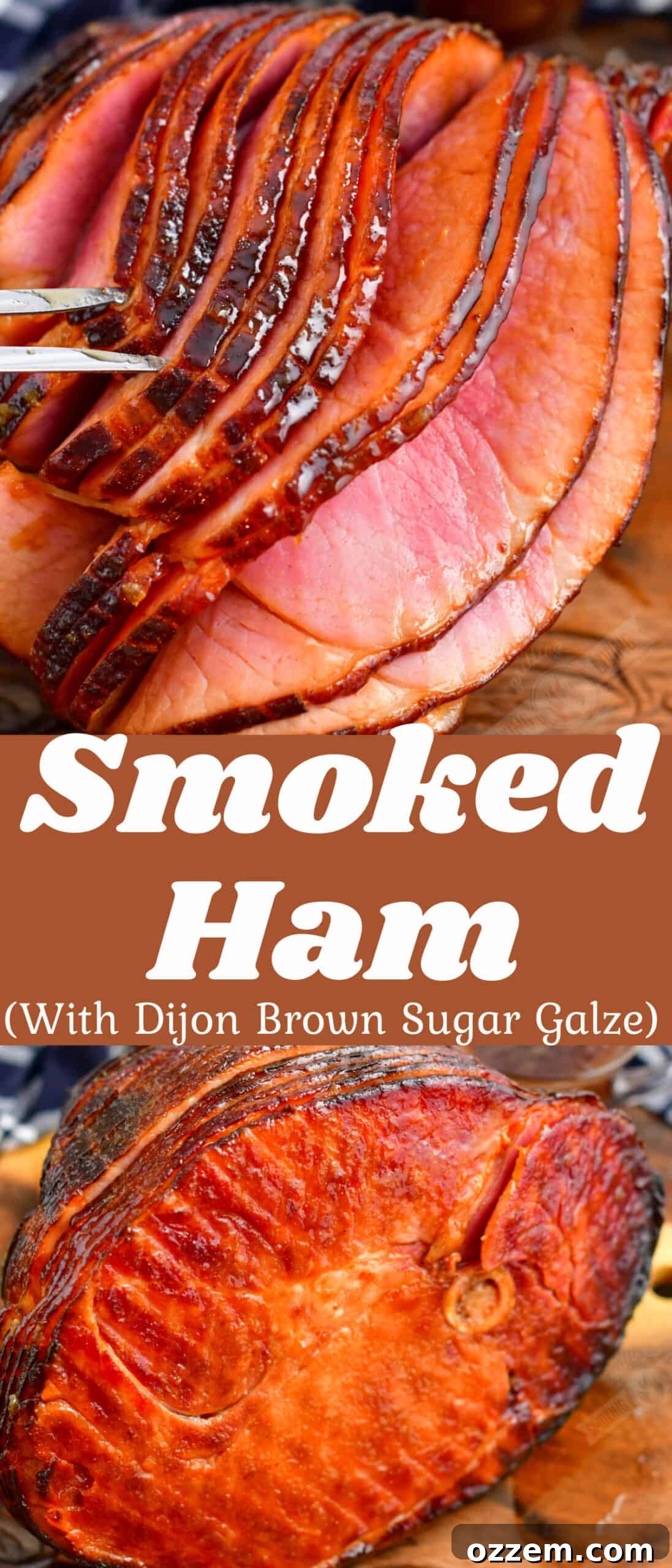 A collage featuring two images of smoked ham; one showing slices being carved, and the other displaying the beautifully cooked underside of a half ham.
