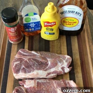 Pitmaster's Smoked Pork Steaks 3 Ingredients for slow smoked pork steaks laid out, including mustard and rub