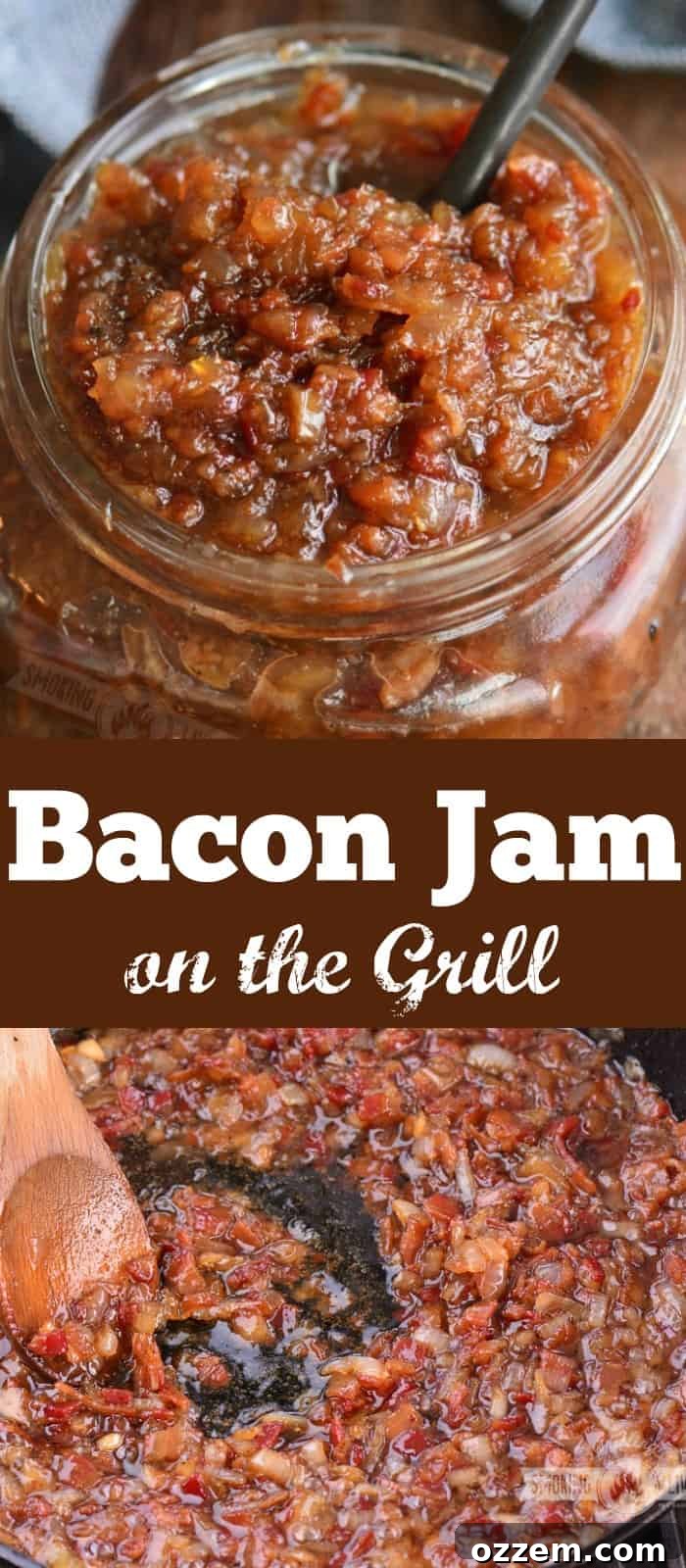 Long collage featuring finished bacon jam, ingredients, and cooking process