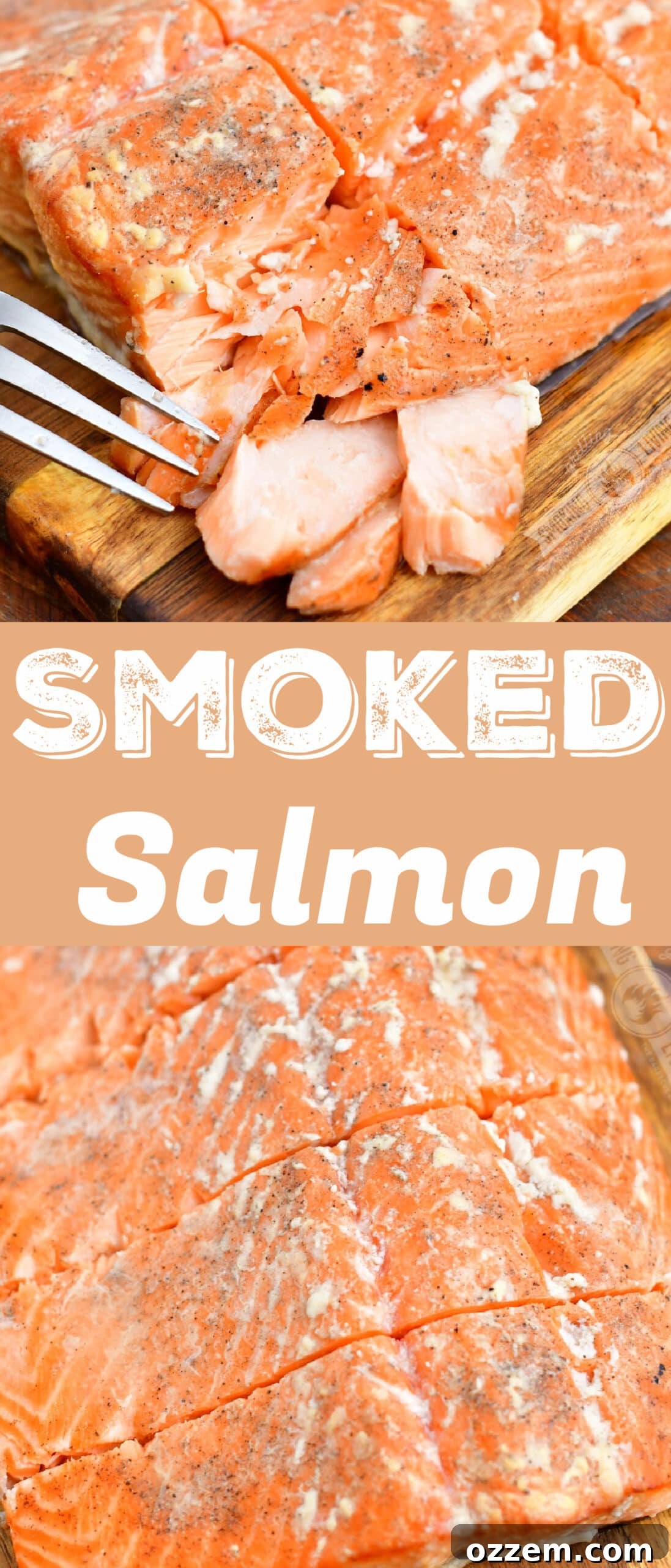Collage of two hot smoked salmon images: flaked on a fork and sliced on a cutting board