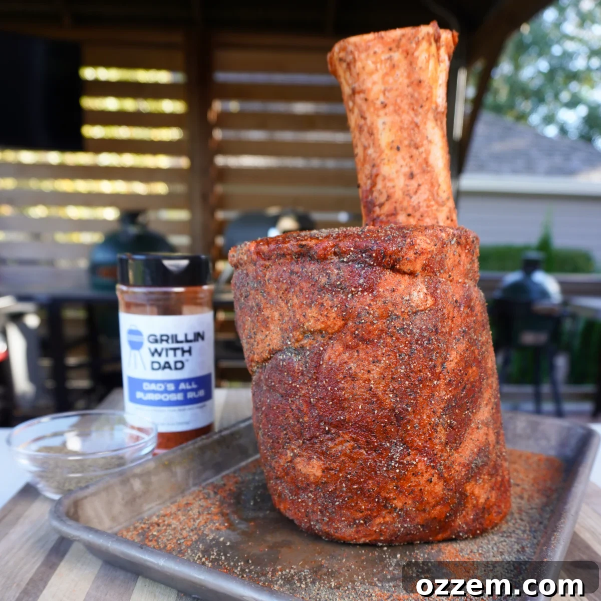 Generously seasoned beef shank resting at room temperature.