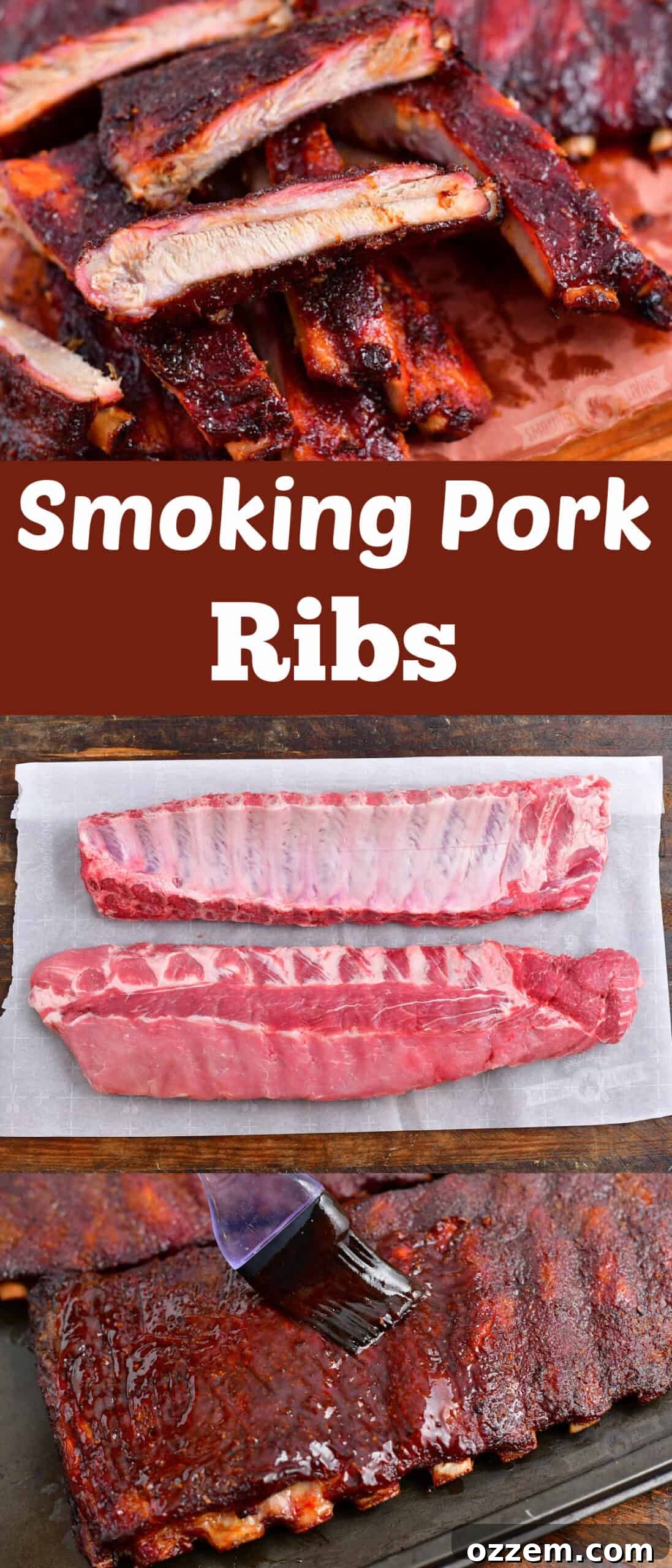 title collage of three images two of cooked ribs and one of raw rib racks