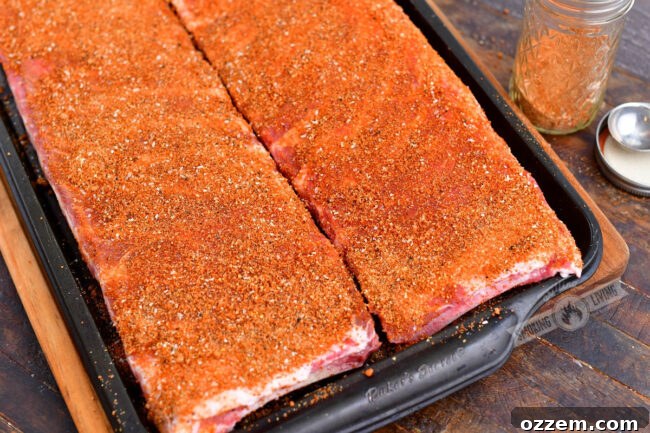 Raw St. Louis cut ribs, evenly coated in a savory dry rub, resting in a metal baking sheet before smoking.