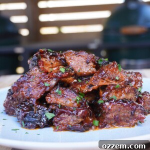 Finished Brisket Burnt Ends with a glossy, caramelized sauce