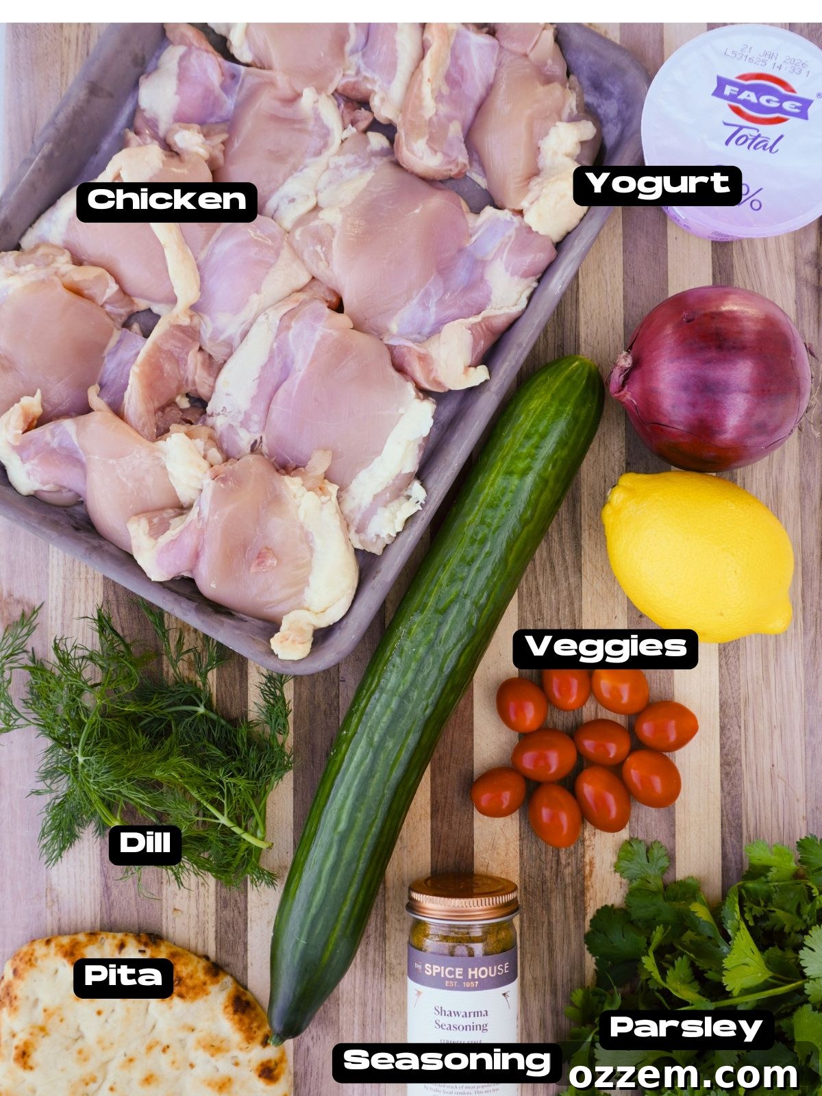 Flame Kissed Chicken Shawarma 3 Selection of fresh ingredients for making Grilled Chicken Shawarma, including chicken, yogurt, spices, and vegetables.