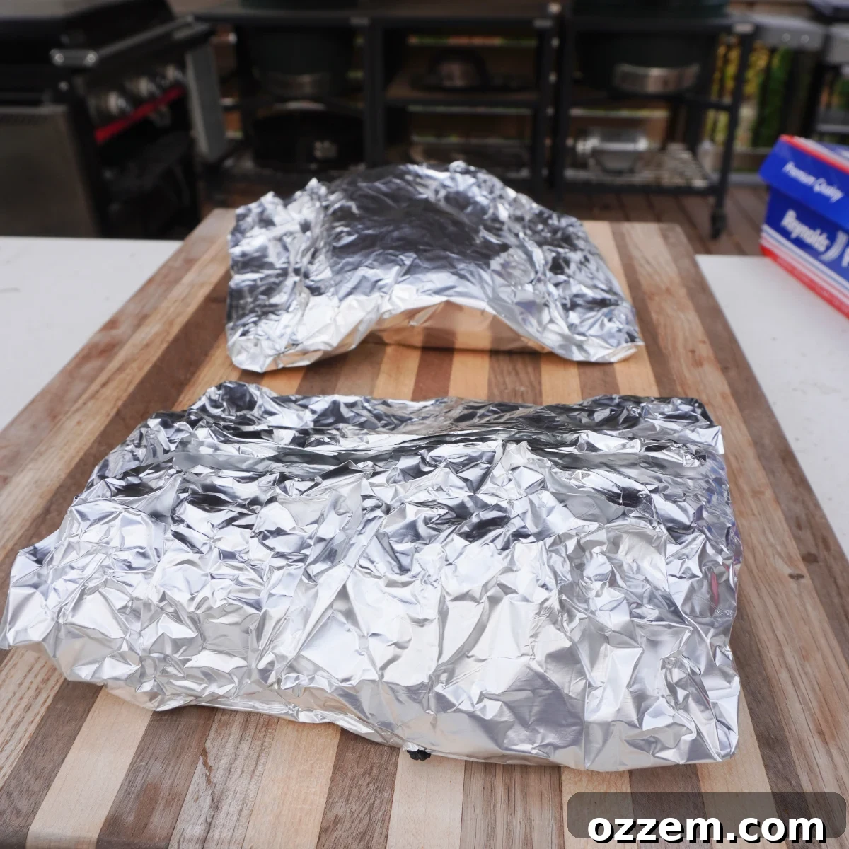 Succulent Smoked Beef Short Ribs 7 Smoked beef short ribs tightly wrapped in aluminum foil, resting after coming off the smoker.