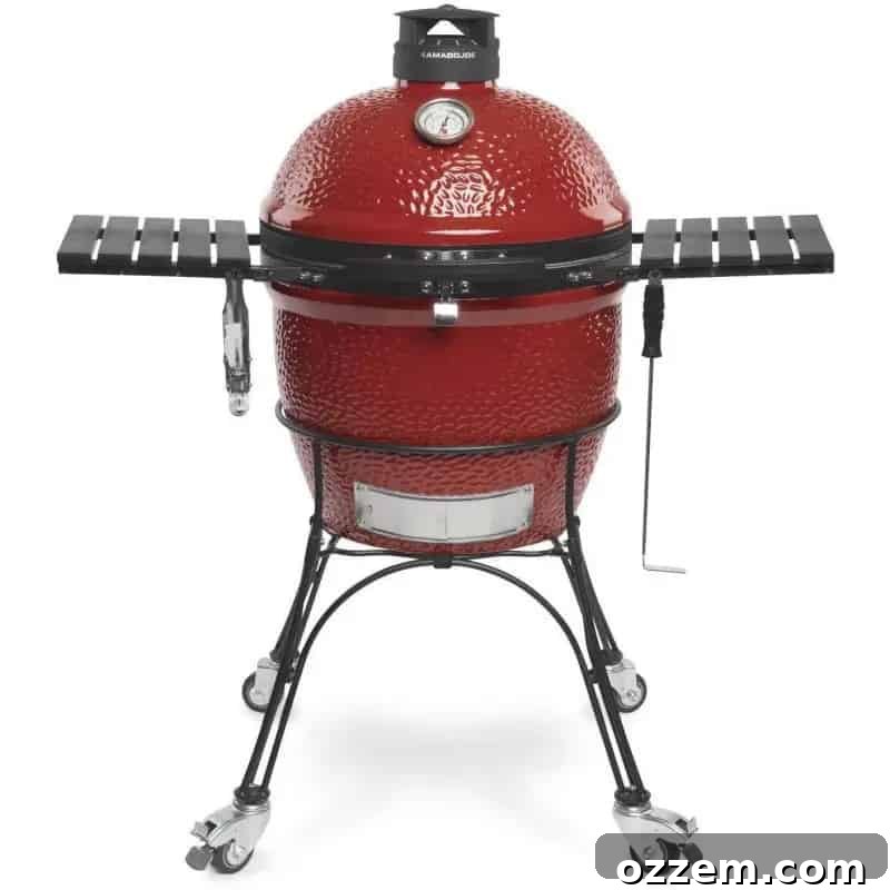 Three different types of charcoal grills: a ceramic kamado grill, a barrel grill, and a kettle grill, shown in a backyard setting.