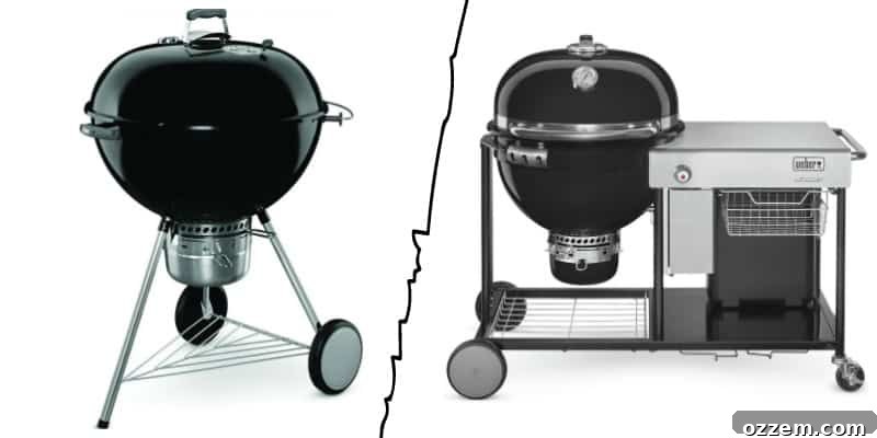 A classic black kettle-style charcoal grill with its lid open, showing the cooking grate and a chamber for coals.