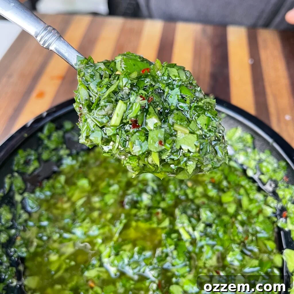 Freshly made chimichurri sauce in a bowl with herbs on the side