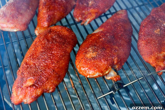 Tender & Smoky Chicken Breast Perfection 7 Raw chicken breasts carefully placed on the hot grates of a smoker, ready to cook