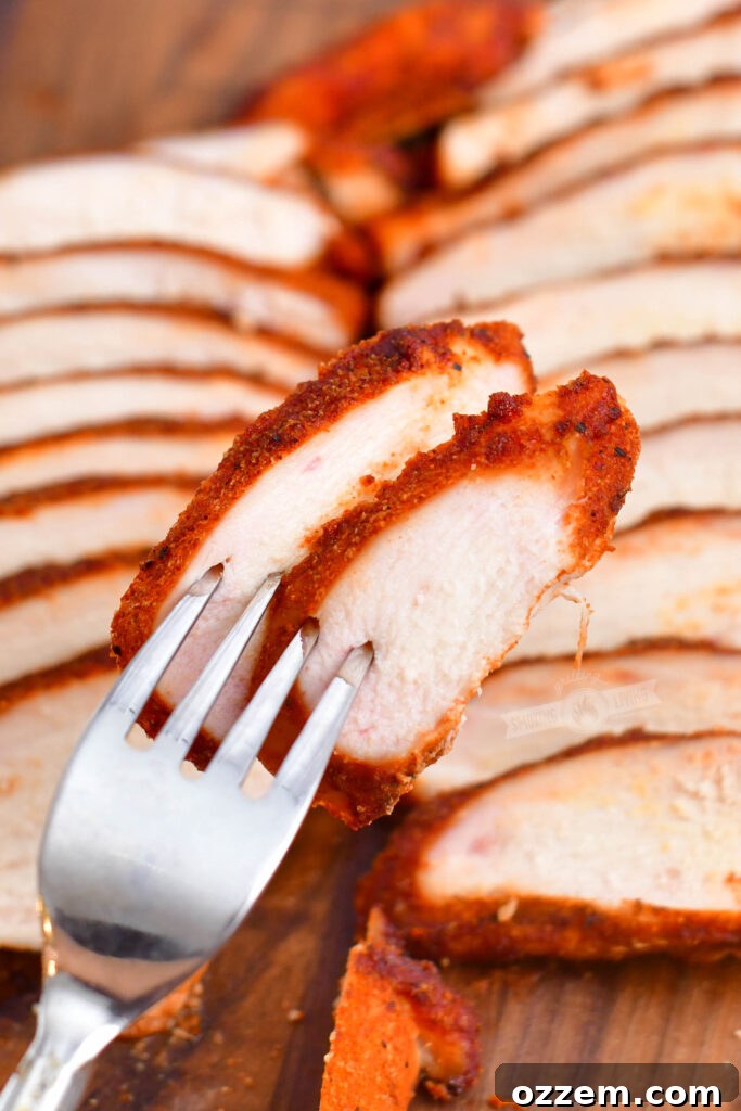 Tender & Smoky Chicken Breast Perfection 8 A fork holding two delectable slices of smoked seasoned chicken breast, perfectly cooked