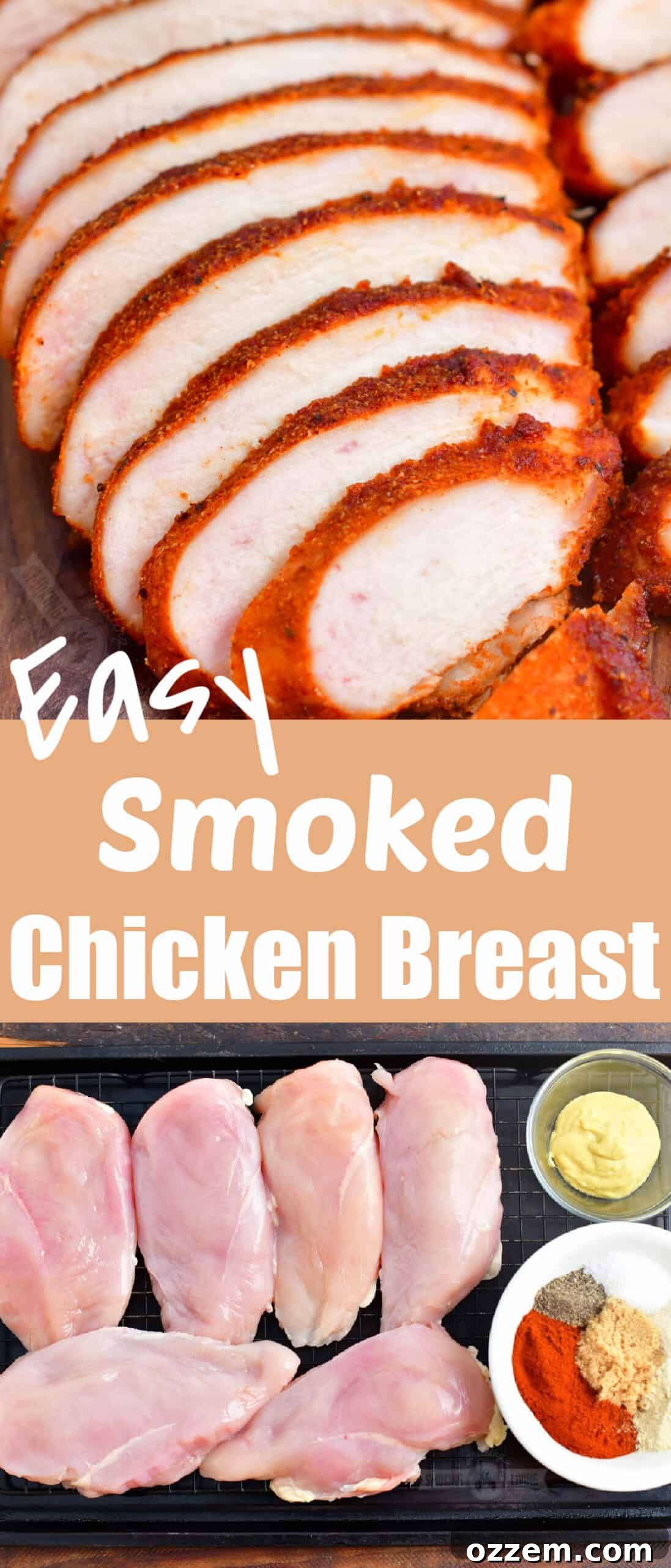 Tender & Smoky Chicken Breast Perfection 10 A vibrant collage featuring sliced smoked chicken breast and the key ingredients on a wire rack, enticingly presented.