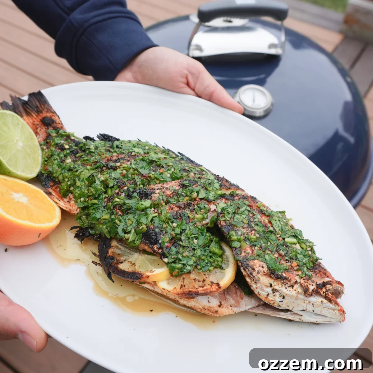Flame-Kissed Red Snapper 2 Grilled red snapper plated with oranges and limes, drizzled with citrus chimichurri.