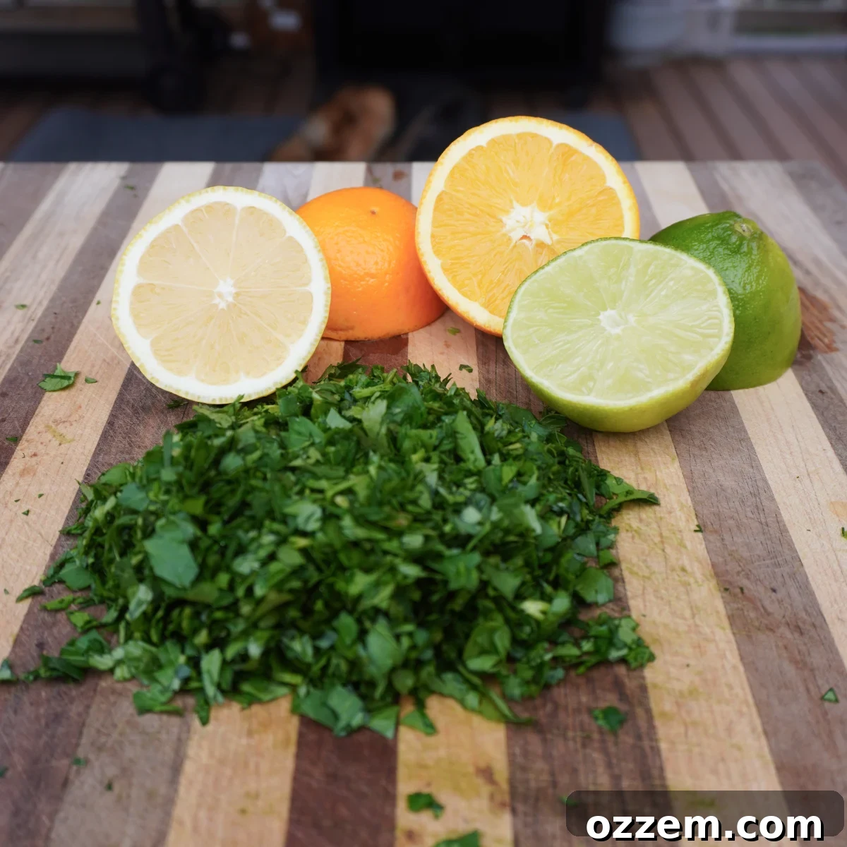 Flame-Kissed Red Snapper 8 Sliced zesty fruits and chopped up parsley, ingredients for citrus chimichurri.