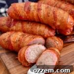 Sliced smoked bacon-wrapped sausage with a fork, ready to be served