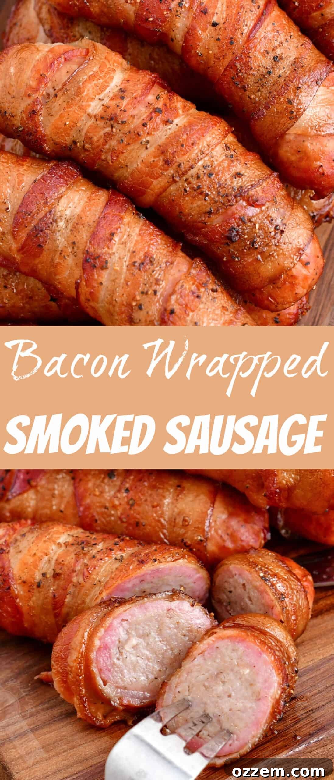 Smoked Sausage Bacon Bliss 10 A vibrant collage showcasing the smoked bacon-wrapped sausages, both whole and neatly sliced, ready to serve