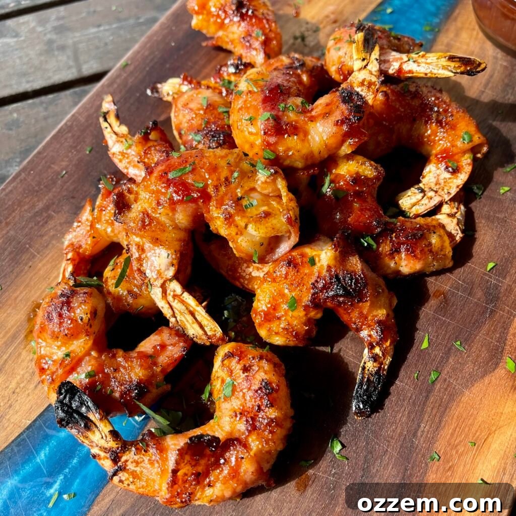 Close-up of freshly grilled BBQ bacon wrapped shrimp, brushed with sauce, on a plate ready to be served, garnished with fresh herbs.