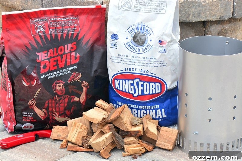 Fuel Your Grill Choosing the Right Charcoal 3 coals, chimney starter and wood chunks