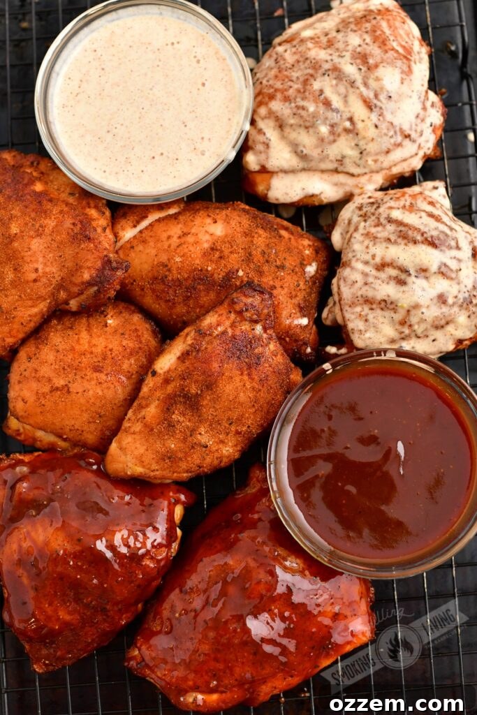 smoked chicken thighs on a tray with some in white BBQ and some in regular BBQ sauce