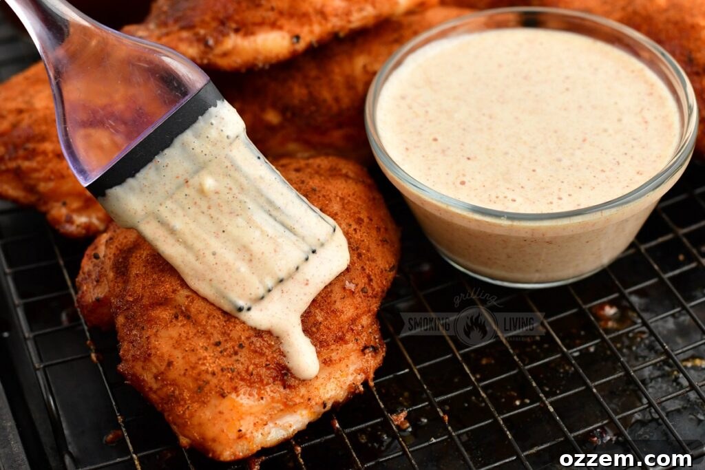 brushing cooked chicken thigh with white BBQ sauce