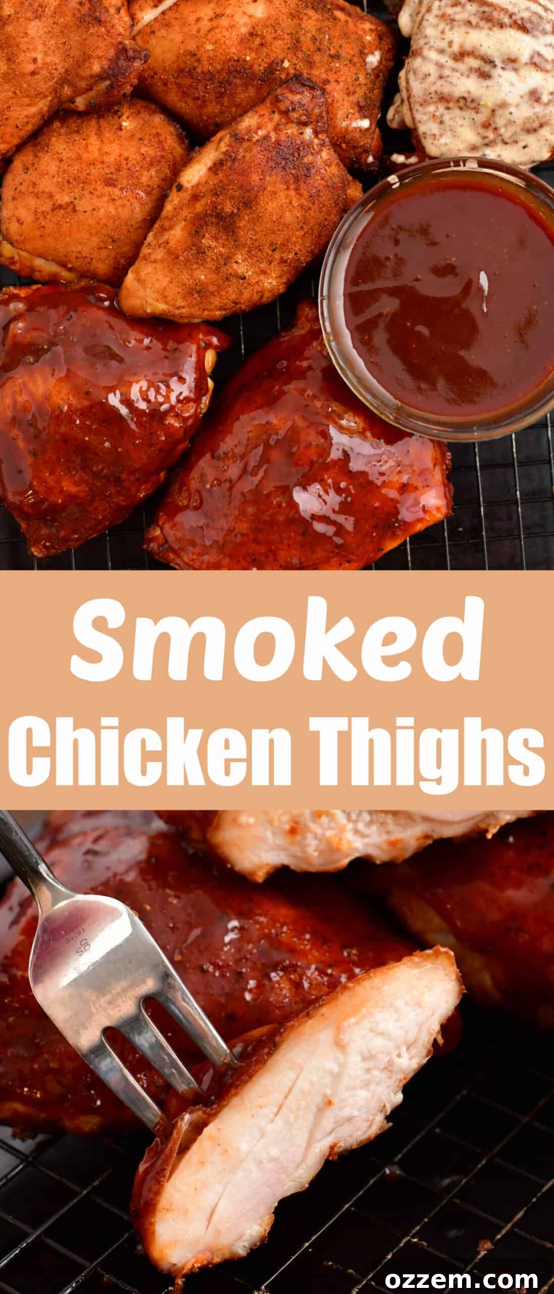 title collage of smoked chicken thighs with BBQ sauce on top and a piece cut through