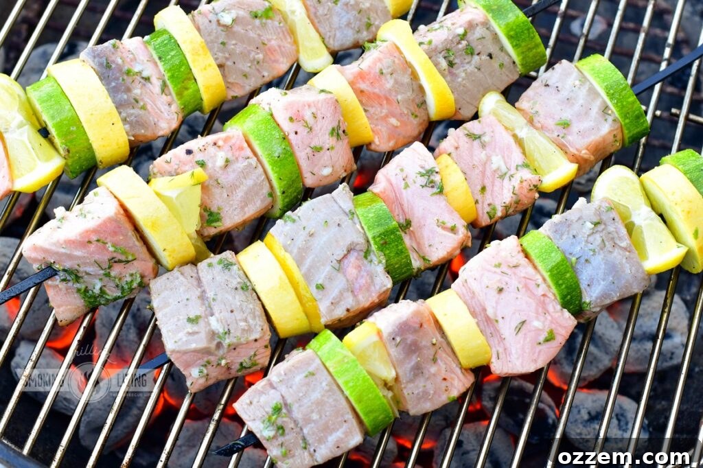 Grilled salmon kebab on a plate