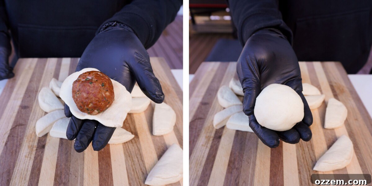 A flat biscuit dough with a meatball in the middle on the left, and a meatball wrapped in biscuit dough on the right.