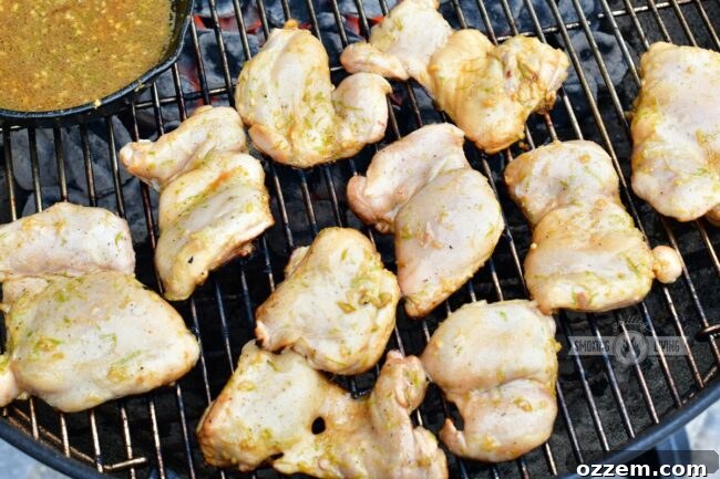 Zesty Grilled Ginger Lime Chicken Thighs 5 Chicken cooking on an outdoor grill alongside a small saucepan filled with simmering marinade for basting