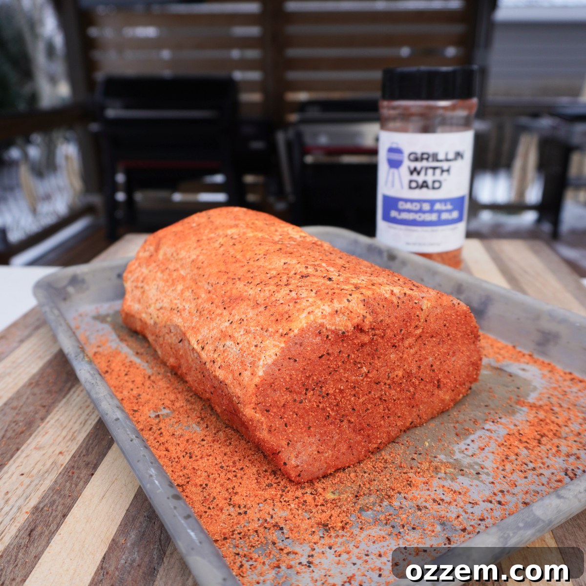 Raw pork loin seasoned with an all purpose rub.