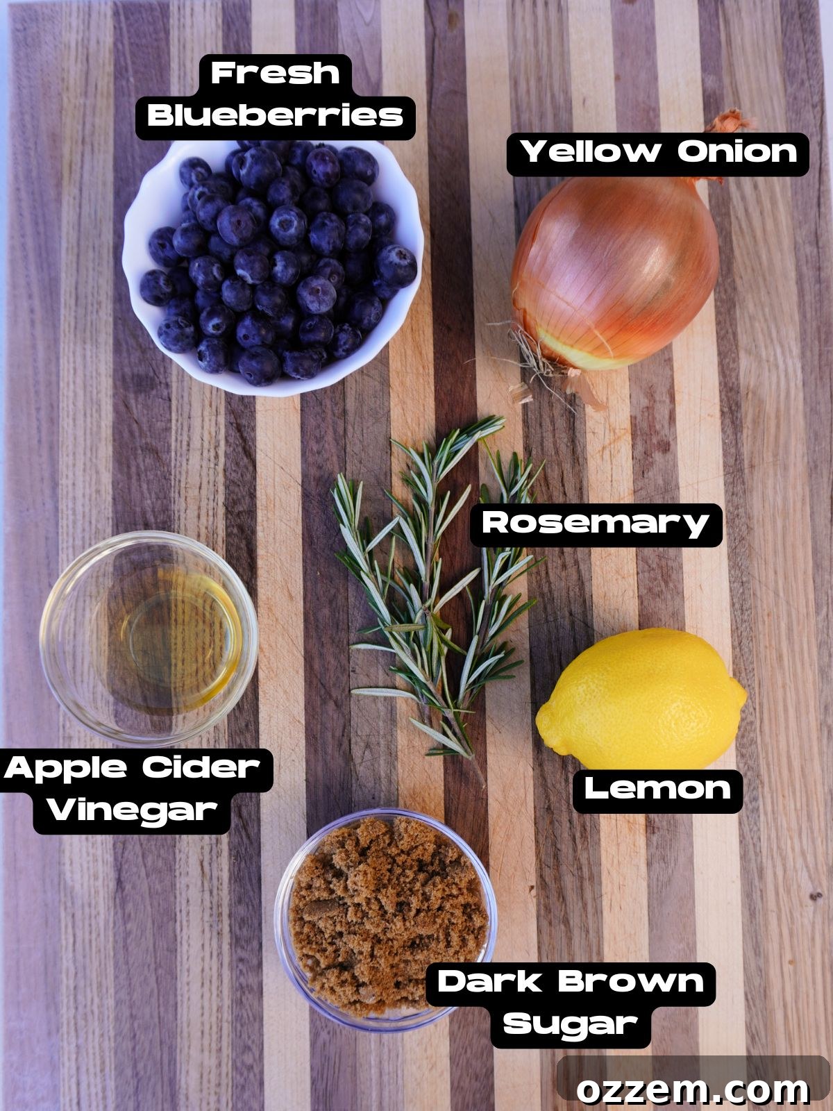 All ingredients laid out for perfectly grilled venison tenderloin: venison, olive oil, seasoning, blueberries, apple cider vinegar, brown sugar, lemon, rosemary.