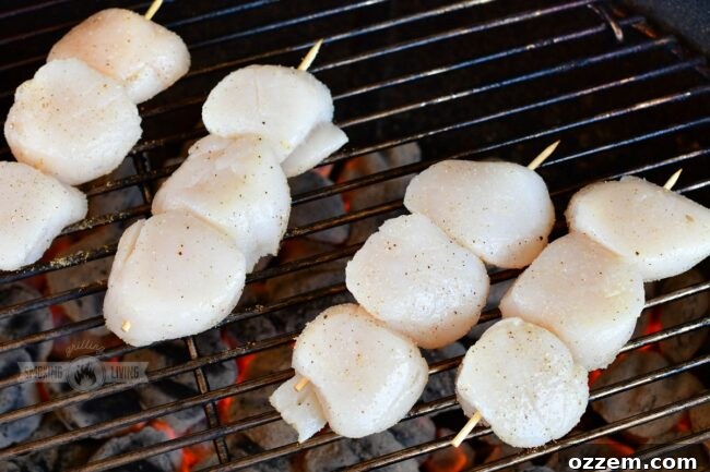 Seasoned raw scallops neatly arranged on wooden skewers and placed directly on a hot grill grate.