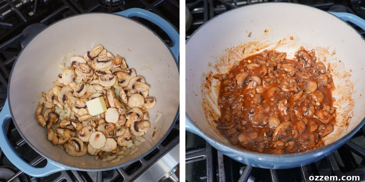 Two images: one showing sautéed mushrooms, the other showing vegetables cooking in a rich tomato sauce.