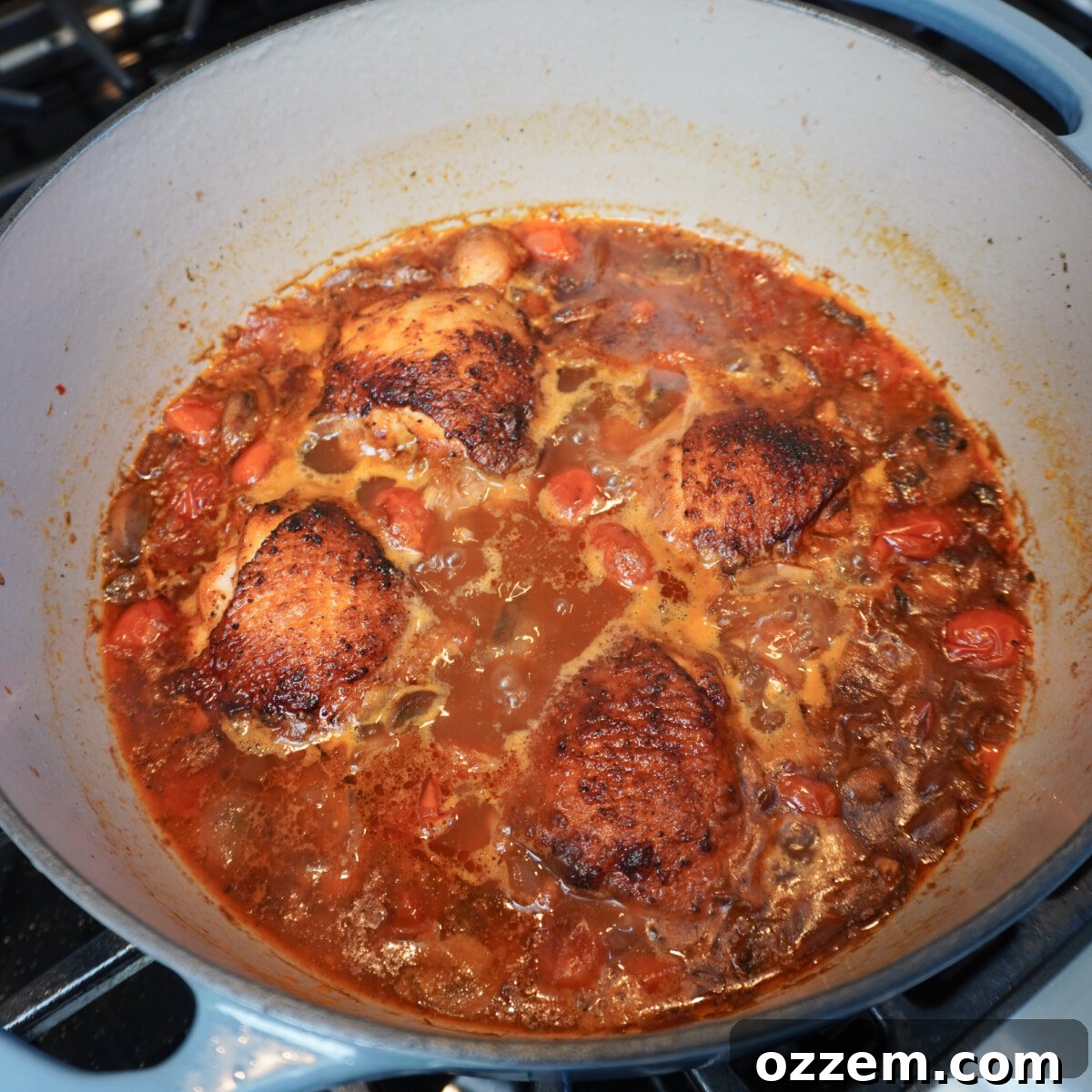 Braised chicken in mushroom and tomato sauce simmering gently in a covered Dutch oven.