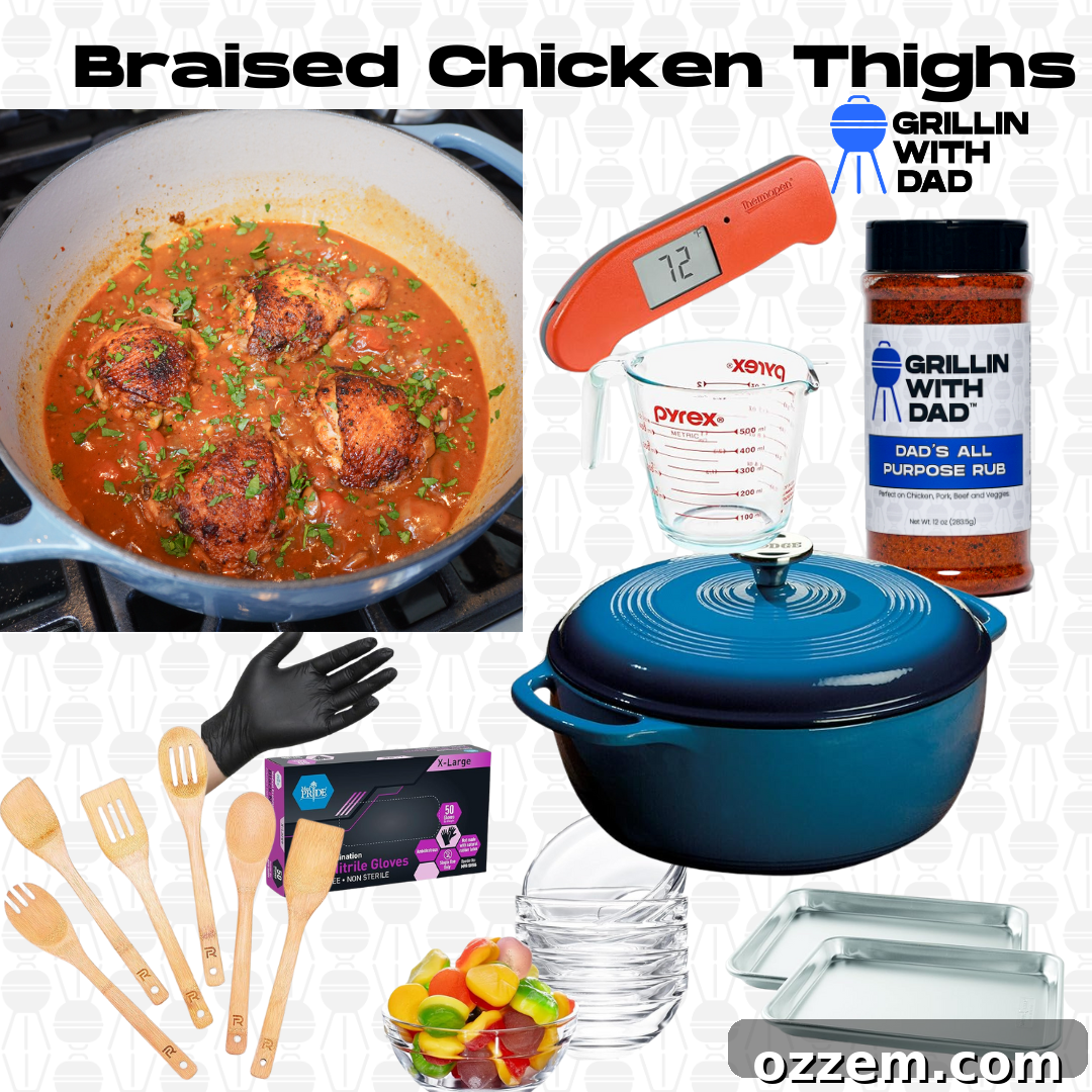 A collage of kitchen products and tools, including a Dutch oven, spices, and other cooking essentials.
