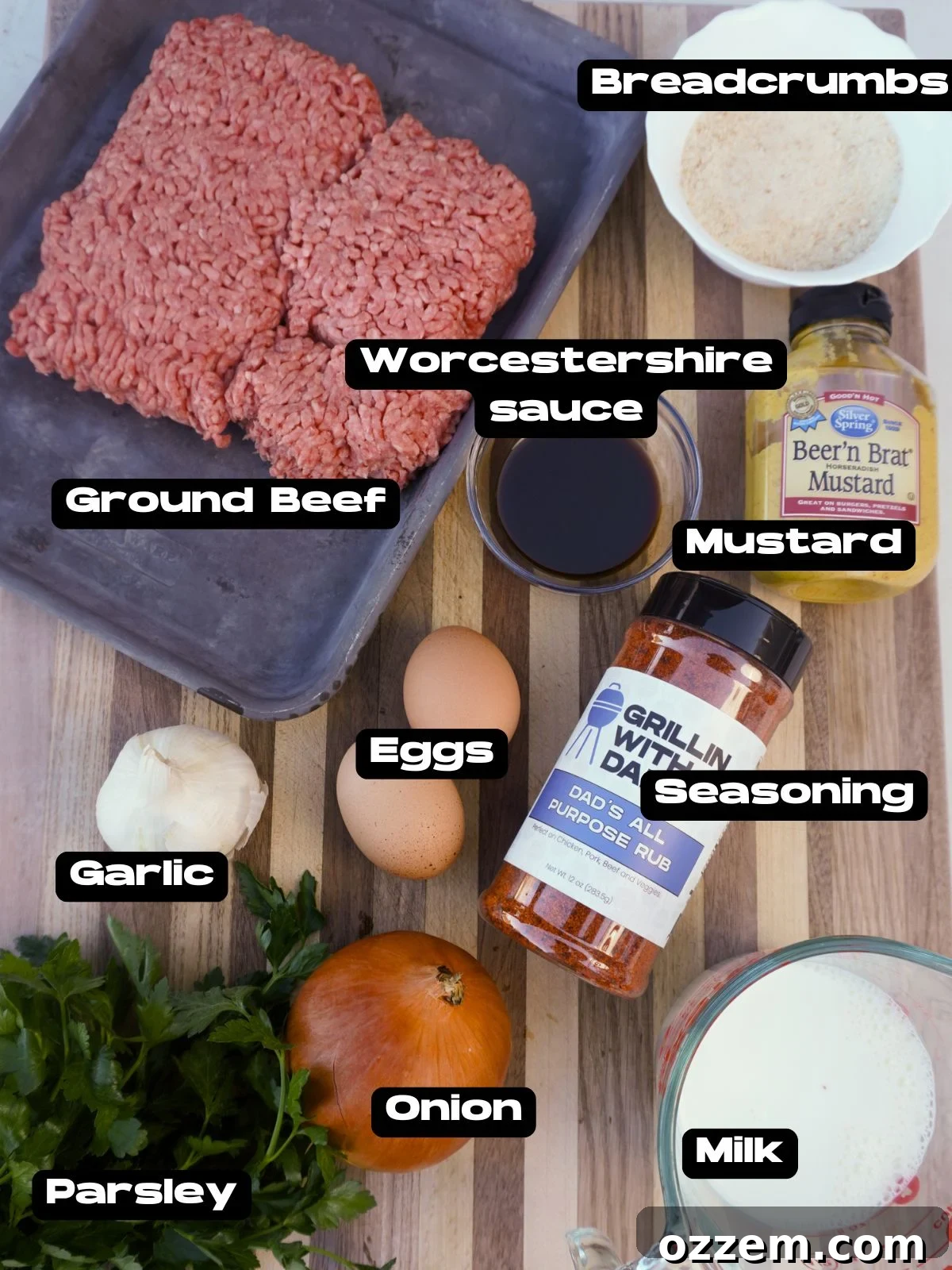 Collection of fresh ingredients for easy smoked meatloaf preparation.