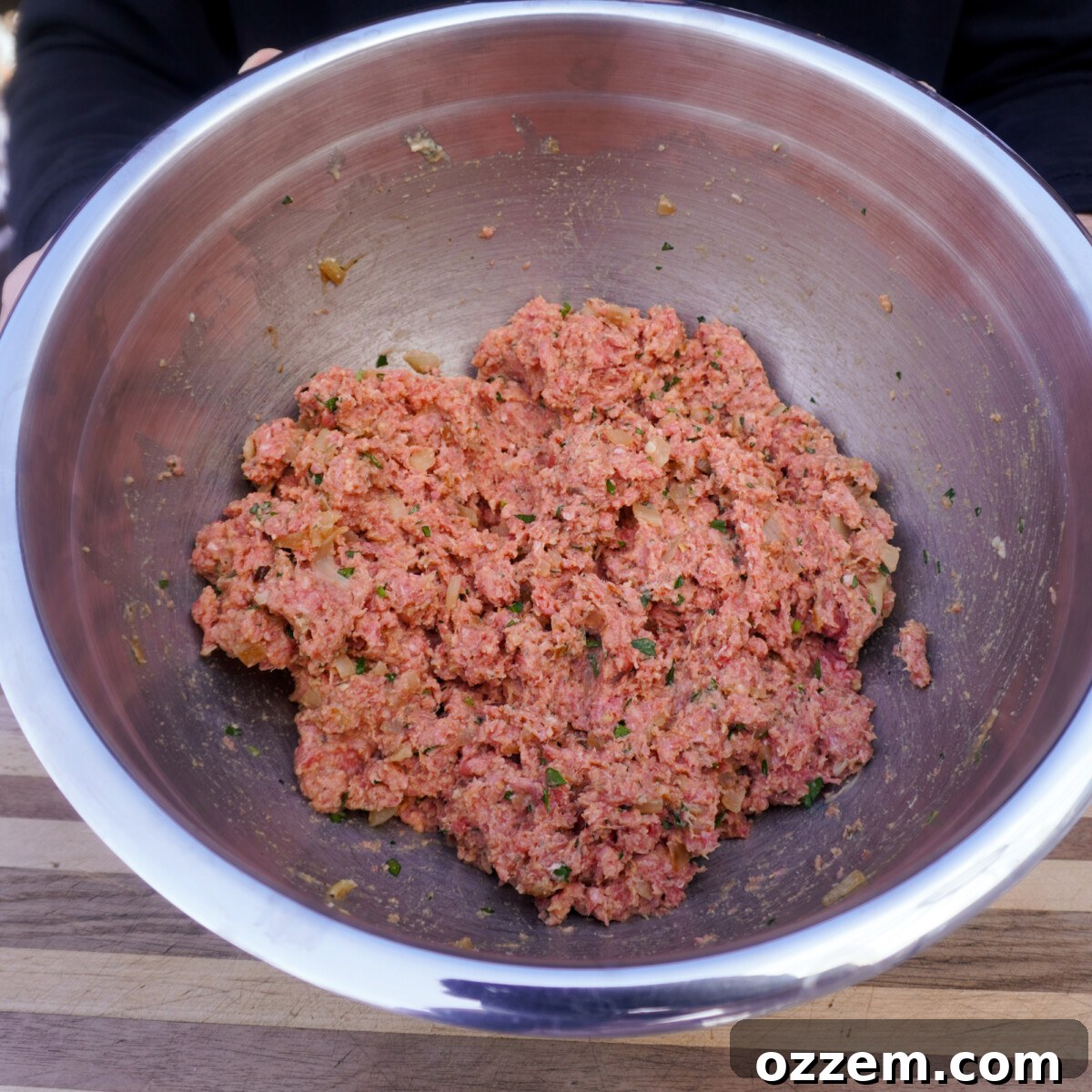 Thoroughly blended meatloaf ingredients, ready for shaping.