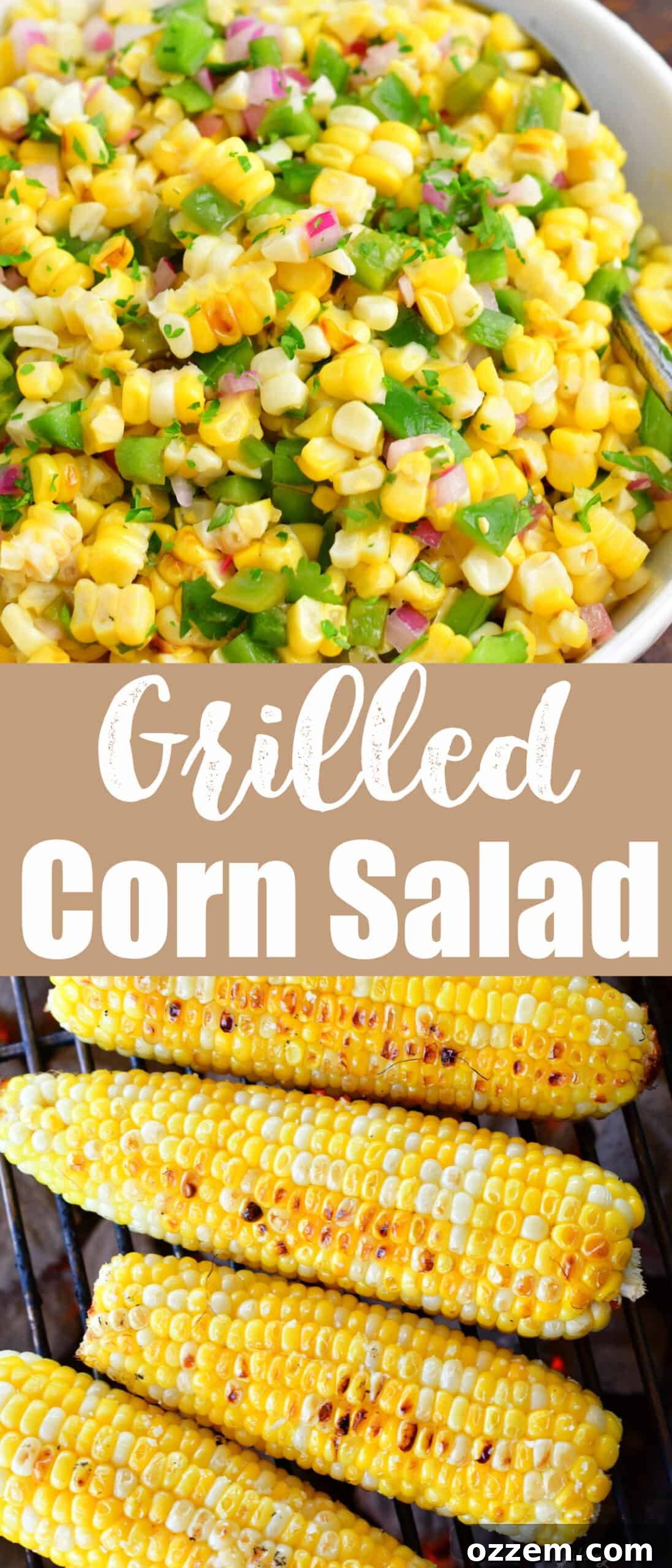 collage of two images: grilled corn salad in a bowl and grilled corn on a grill, with text overlay for a recipe title