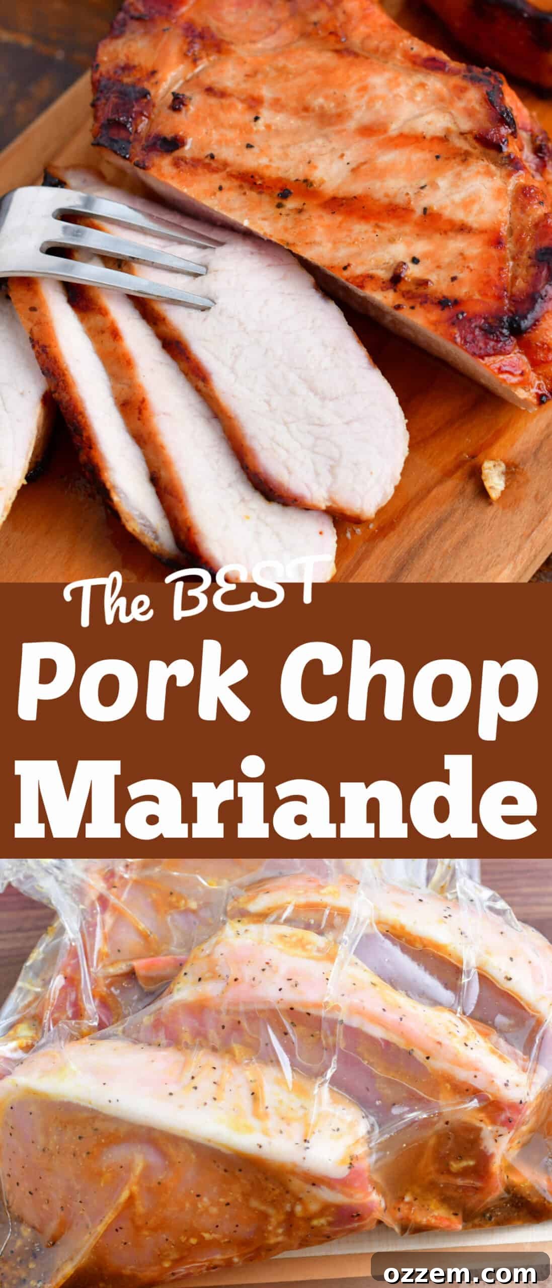 A collage featuring a sliced grilled pork chop and pork chops marinating in a bag, highlighting the key steps of the recipe.