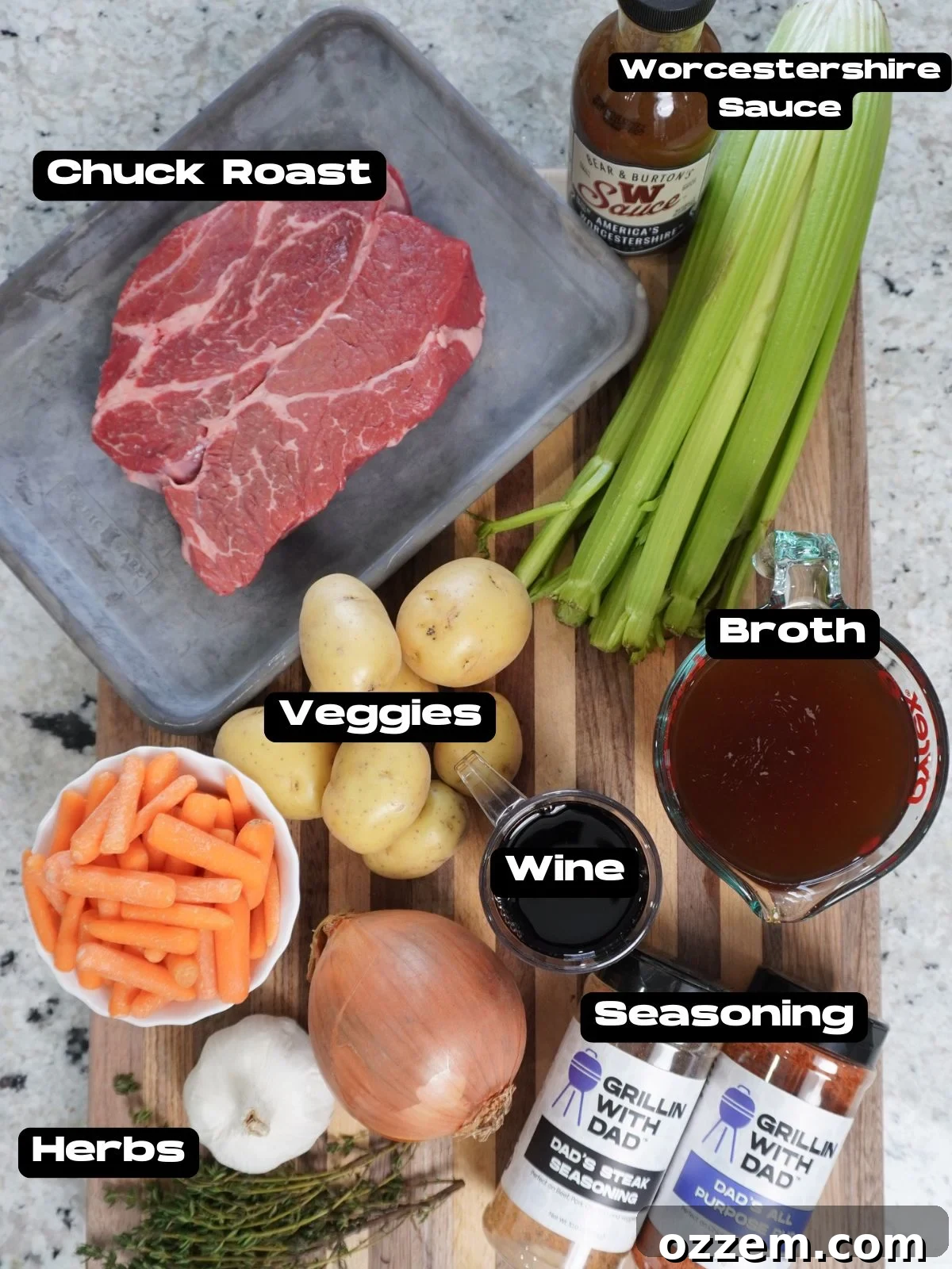 Assorted ingredients for an easy smoked pot roast dinner including chuck roast, vegetables, broth, and seasonings.