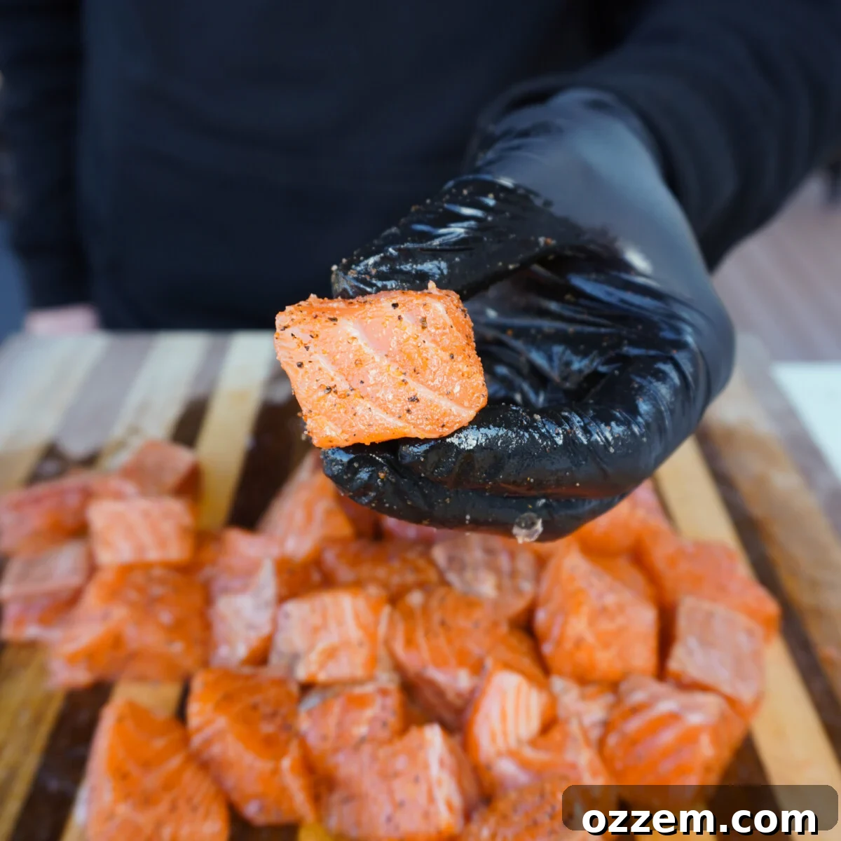 Golden Cajun Salmon Poppers 6 Raw salmon bites seasoned with Cajun spice blend.